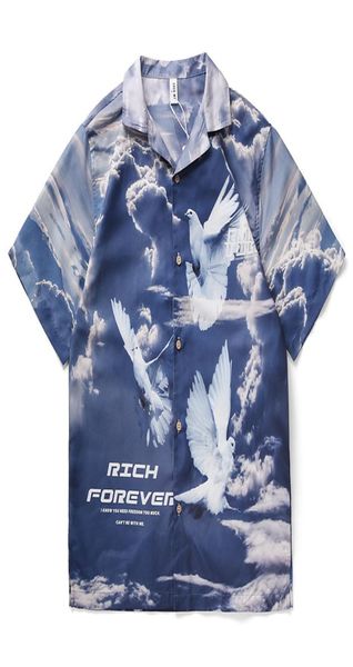 

men summer shirts japanese harajuku streetwear hip hop loose short sleeve shirt cloud pigeon print casual male shirts8637716, White;black
