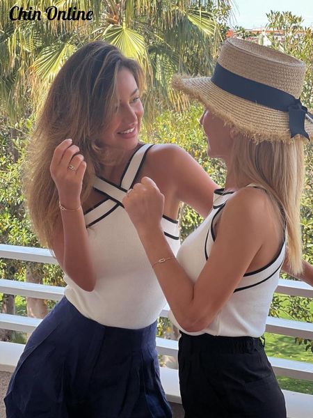 

women s tanks camis fashion knitted backless woman sling elastic y2k patchwork slip cross v neck female vest summer sleeveless lady 230804, White