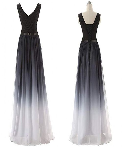 

real image 2019 v neck prom dresses a line floor length women039s gradient color black white chiffon formal evening dress long 4493595