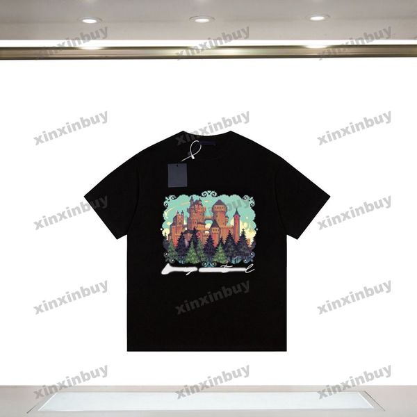 

xinxinbuy men designer knitted tee t shirt 23ss paris mosaic castle short sleeve cotton women black xs-l, Black;brown