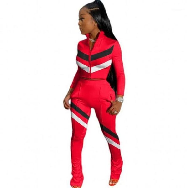 

2020 autumn winter two piece set women zipper stand collar crop and straight pants set fashion stripe patchwork 2 pcs sets17529683, Gray