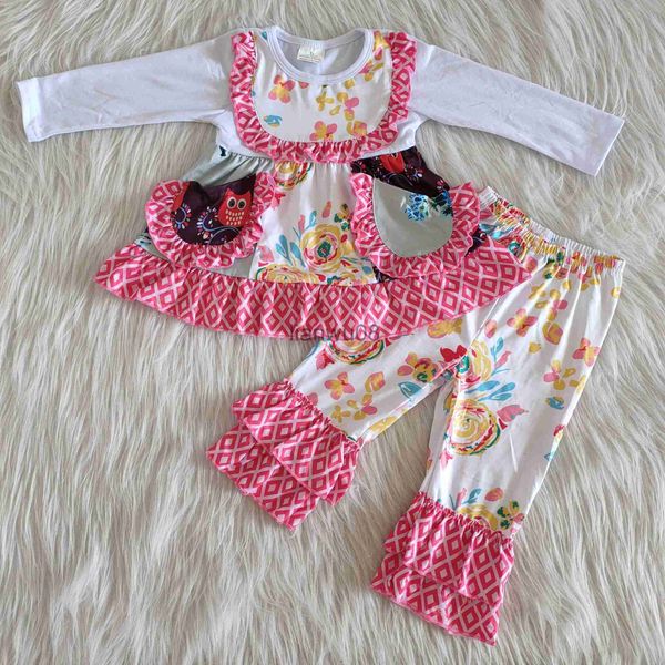 

clothing sets wholesale children baby girl clothes white long sleeve pink lace set kid pocket shirt flower floral ruffle pants winter outfit