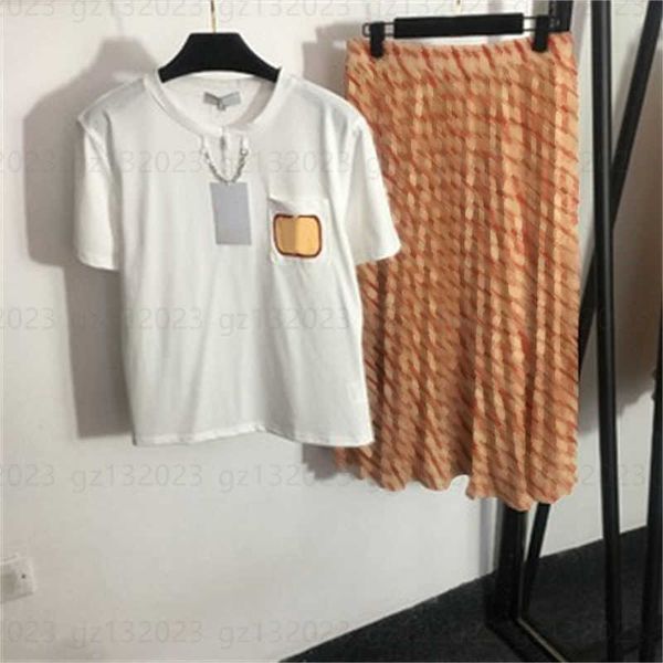 

women sport casual two piece set chain embellished v letter single pocket short sleeve t shirt full printed high waist pleated half skirt su, White
