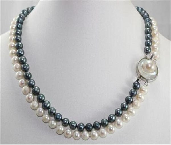 

women fashion jewelry latest design 2 rows 89mm white and black cultured freshwater pearl necklace21186777313, Silver