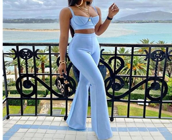 

women039s two piece pants bandage set 2 pieces strap sleeveless bustiers and long bellbottoms trousers celebrity party sh8414832, White