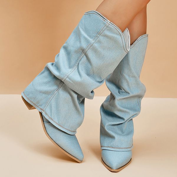 

boots pleated knee high cowboy boots women blue denim pointed toe western boots woman autumn chunky-heeled long booties big size 230803, Black