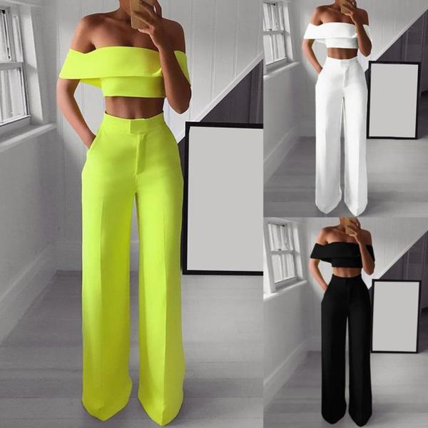 

2 piece pants set women 2020 green high waist wide leg pants set summer fashion pants and crop set off shoulder2118214, Black;white