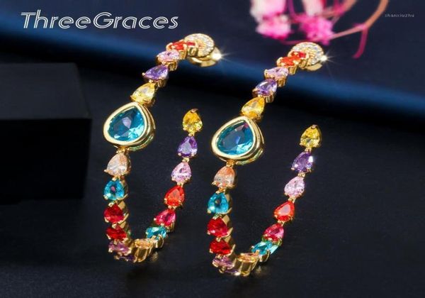 

hoop huggie threegraces luxury designer colorful cz crystal water drop large circle round loop earrings for women pendientes muj4916267, Golden;silver