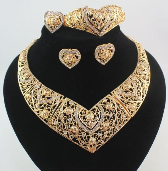 

african jewelry sets women 18k gold plated crystal heart necklace earring bracelet rings wedding party jewellery1451647, Slivery;golden