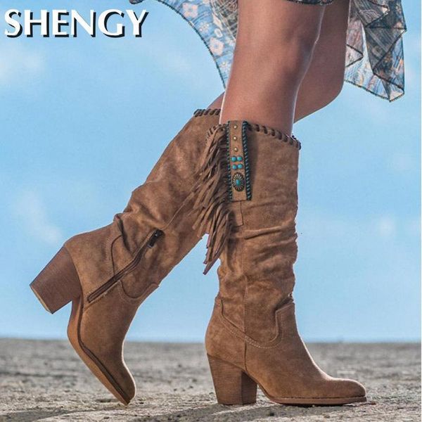 

boots women suede knee high boots fashion tassels western cowboy boots pointed toe high heels shoes roman female long boot botas mujer 23080, Black