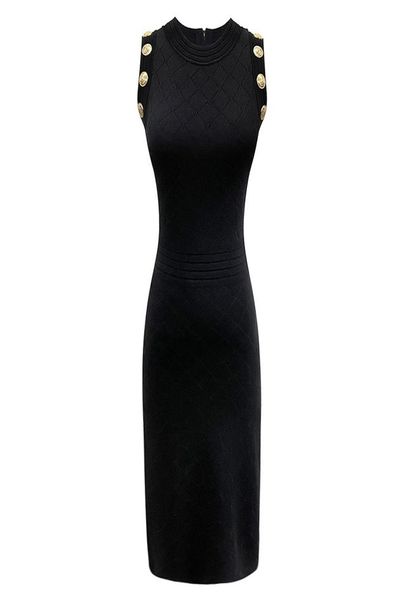 

designer luxury women milan runway dresses sleeveless o neck lion head button female slim midi long sheath bodycon party club9213485, Black