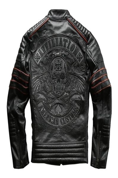 

read description asian size motorcycle rider coat man039s genuine cowhide embroidery skull leather jacket 2011277745274, Black