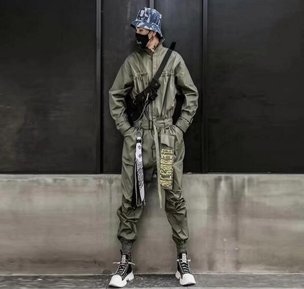 

cool 2020 hip hop streetwear jumpsuits men ribbon embroidered cargo pants long sleeve rompers joggers techwear men6613625, Black
