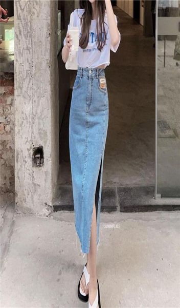 

skirts women long denim skirt2021 summer style retro highwaisted jeans skirt female straight side slit aline2634141, Black