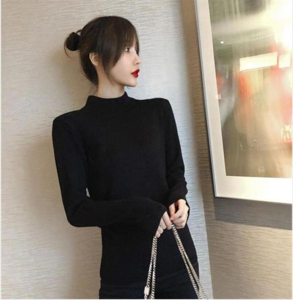 

2021 the autumnwinter women039s long sleeves knitting sweaters simple style fashion thin tight knitwear ship18620507141461, White;black