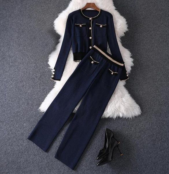 

2022 long sleeve round neck blue contrast color knitted pockets cardigans panelled buttons long pants two piece 2 pieces set3620959, White
