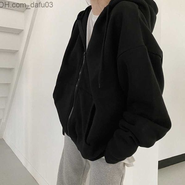 

men's hoodies sweatshirts women's solid zipper hoodie sweater harajuku loose pocket jacket coat retro casual long sleeve wool supe, Black