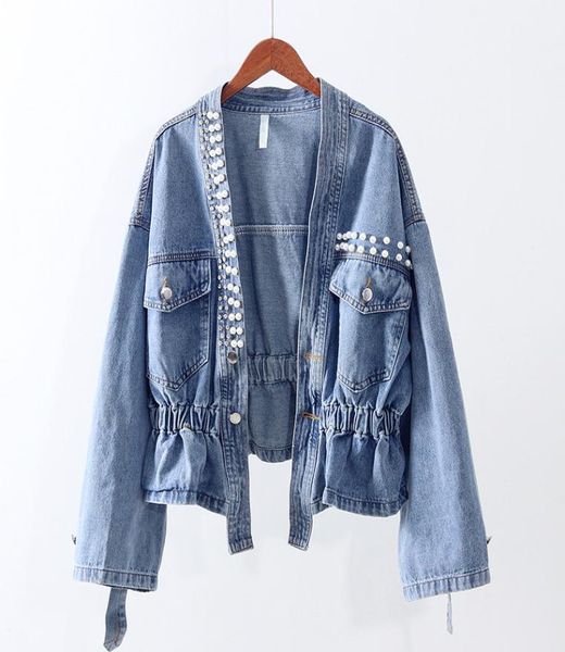 

fashion elastic waist blue denim jacket women outerwear autumn loose diamonds beading jeans jacket coat female chaquetas mujer9360577, Black;brown