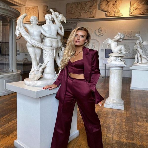 

women039s two piece pants burgundy button womens suits 2 satin fashion blazer wide leg casual setladies outfit for work profes3119168, White