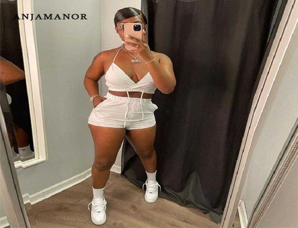 

women039s two piece pants anjamanor sext two piece set bralette crop and shorts sport ladies tracksuit sets casual short su3487968, White