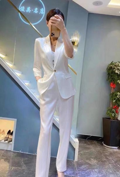 

spring fashion satin suit women casual summer two piece set office lady blazer sets female outfits thinpant women039s pants3026111, White