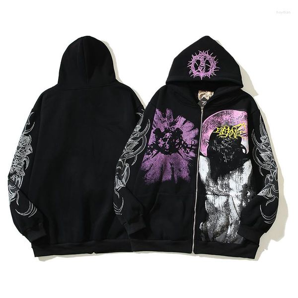 

men's hoodies fashion street bieber retro religious figure print hooded sweatshirts embroidery zip up mens clothing, Black
