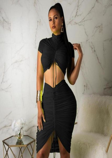 

green yellow two piece dresses set women turtleneck short sleeve crop pleated bodycon dress tracksuit club outfit3769176, Black;gray
