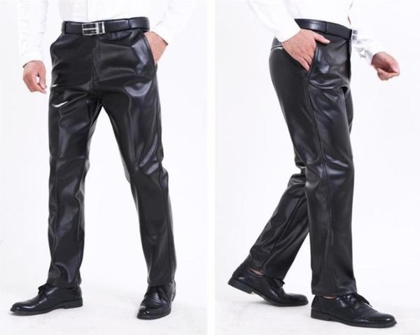 

spring aumumn men leather pants high waist straight moto biker trousers male pu faux leather casual pants6617997, Black