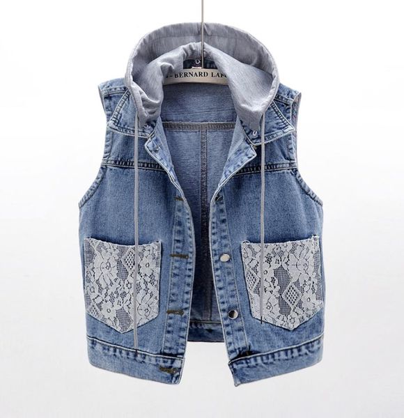 

summer plus size 5xl removable hooded denim vest women waistcoat lace splice pocket sleeveless jacket female short jeans vests1290945, Black;white