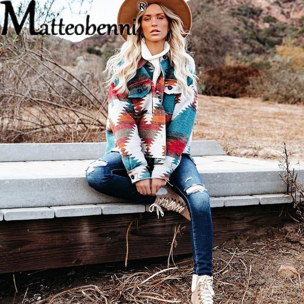

women's jackets vintage aztec ethnic geometric jeans jacket women casual turn-down collar loose woolen coats long sleeve denim jacket s, Black;brown