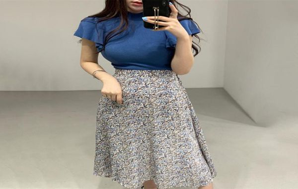 

chic style 2 piece skirt set women puff sleeve knitted floral print high waist skirts womens two korean fashion dress9549971, White