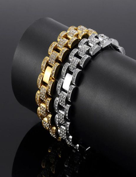 

bling bling 15mm 21cm gold silver hip hop mens rhinestones watchband chain bracelet tank bangle for boys rapper rocker punk iced o3248251, Black