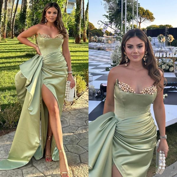 

green split evening dresses pearls sweetheart formal party prom dress pleats ruffle red carpet long dresses for special occasion, Black;red