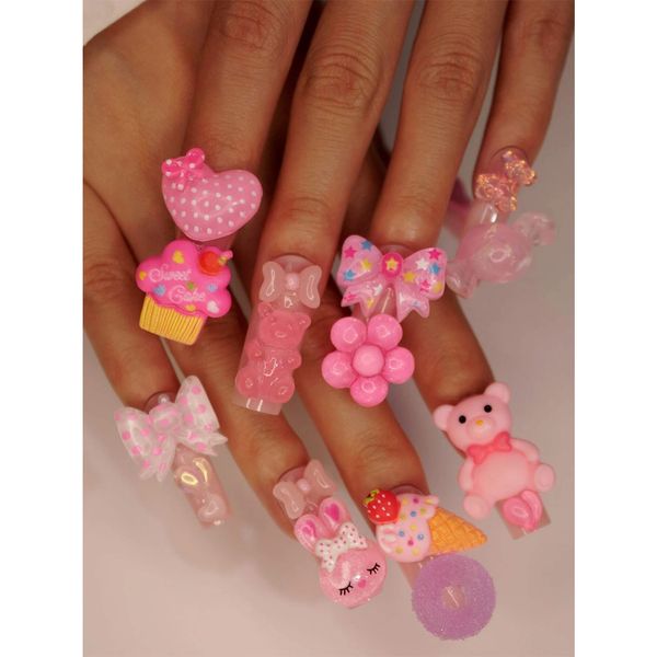 

press on nails with 24pcs - long square, cute animal decor, fake nail - pink, Red;gold