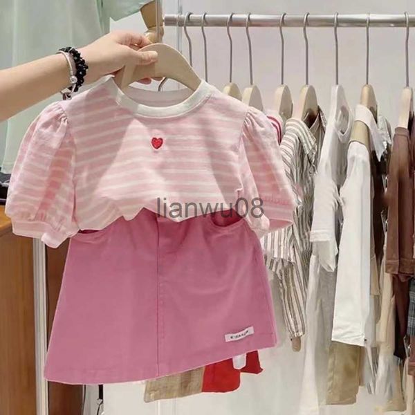 

clothing sets kids girls striped tshirtskirts 2pcs 2023 summer sweet love heart short sleeve shirt skirt children clothes sets 18y x0803, White