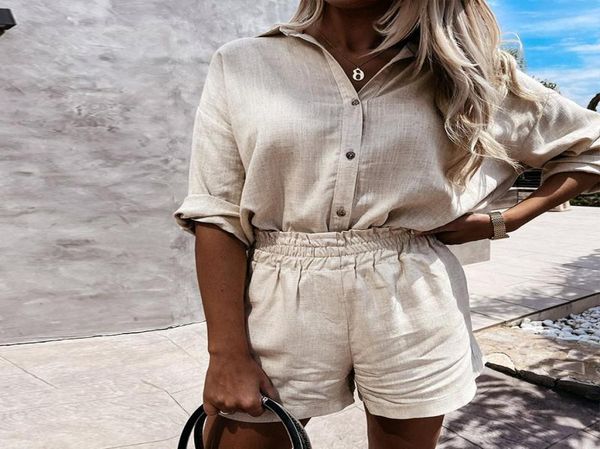 

women039s tracksuits summer women linen shorts set 2021 turndown collar long sleeve shirt and casual two pieces loose outf9958813, Gray