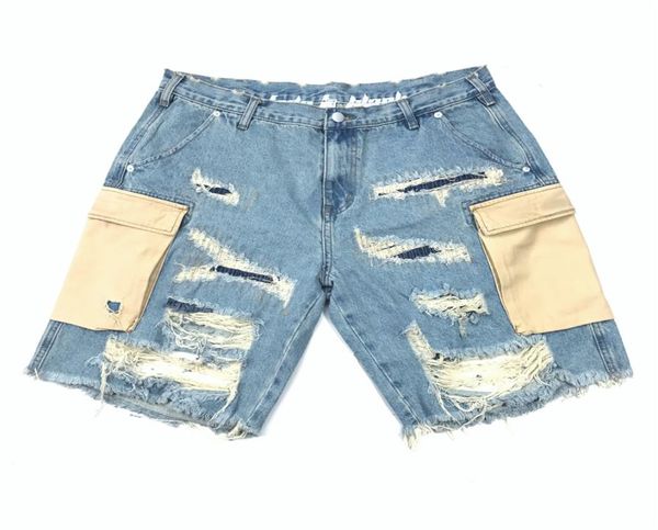 

washed blue side pocket distressing shorts hip hop skateboarder ripped jeans fourpockets styling4518925, Black