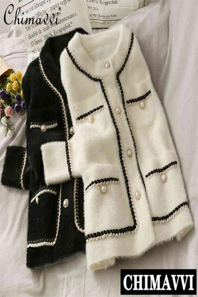 

mink cashmere loose sweater cardigan jacket women autumn and winter short bright silk stripe thickened knitted coat 2109076867024, White;black