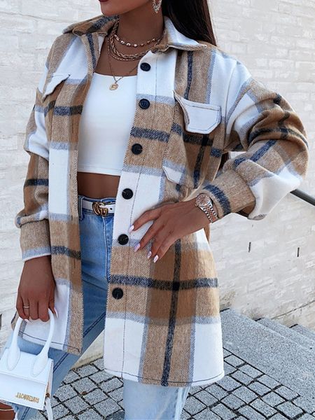 

women's jackets oversized plaid jacket women winter fleece coat vintage long sleeve outerwear all match jackets shirt warm chaketas muj, Black;brown