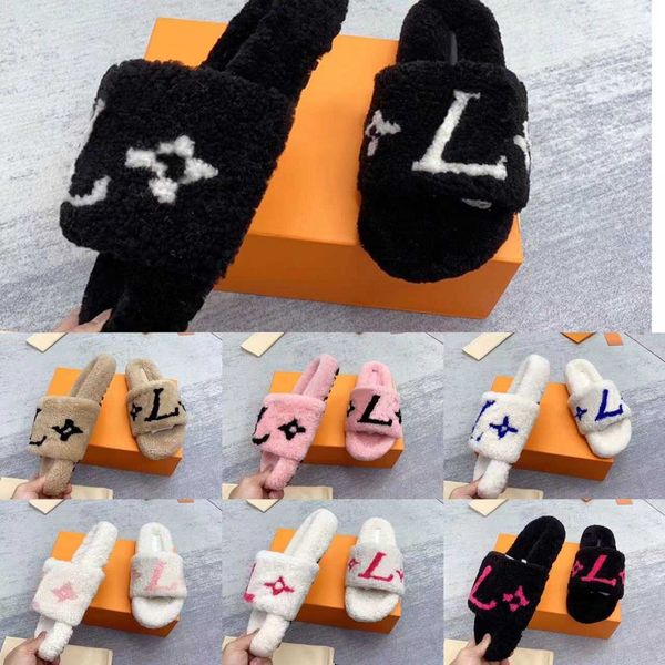 

2023 new fashion womens slippers ladies wool slides winter fur fluffy furry warm letters sandals comfortable fuzzy inverted triangular iron, Black