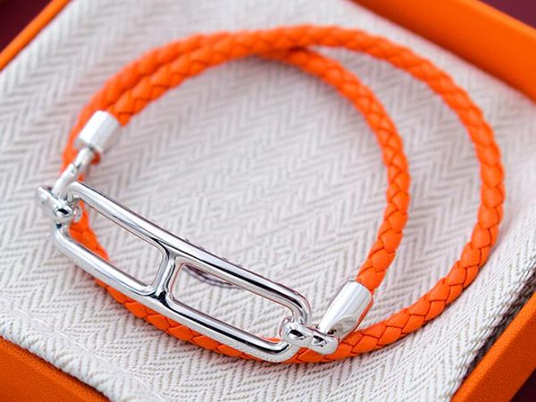 

realfine888 3a hm bracelets in 03 orange leather strap bracelet with gold/silver/rose gold h iconic jewelry luxury designer for woman with b, Black