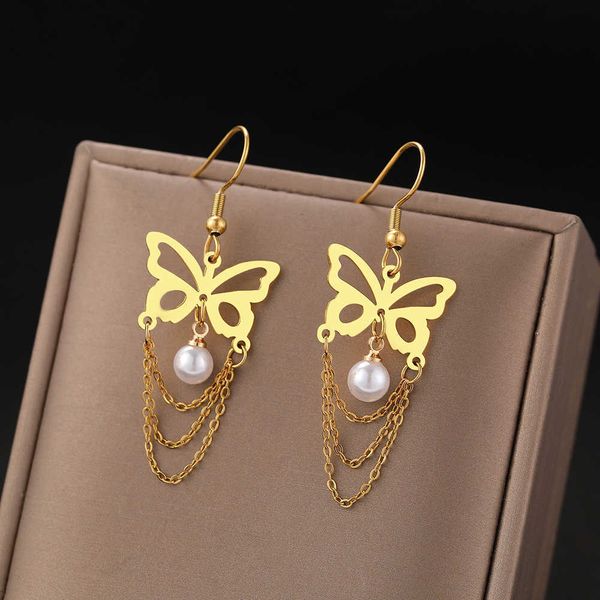 

charm stainless steel earrings vintage butterfly pearl versatile fashion tassel pendant earrings for women jewelry party r230804, Golden