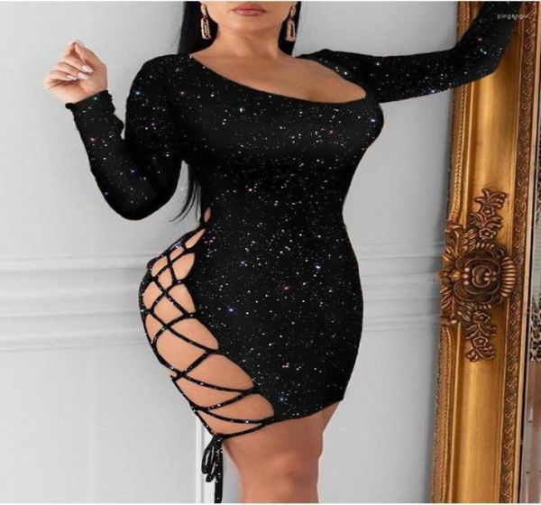 

casual dresses women hollow out bandage mini dress glitter laceup long sleeve bodycon slim evening party club for summer2676974, Black;gray