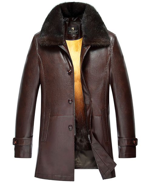 

mens long leather coats shearling jacket winter clothing mink fur collar gold rabbit fur liner overcoat windbreaker thicken snow, Black