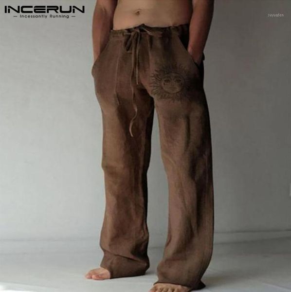 

men039s pants incerun men printed joggers drawstring vintage streetwear casual straight trousers cotton leisure pantalones homb7991534, Black