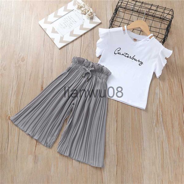 

clothing sets girls printed tshirt chiffon wide leg pants twopiece suit kids boutique clothing wholesale fashion clothes girls clothing set, White