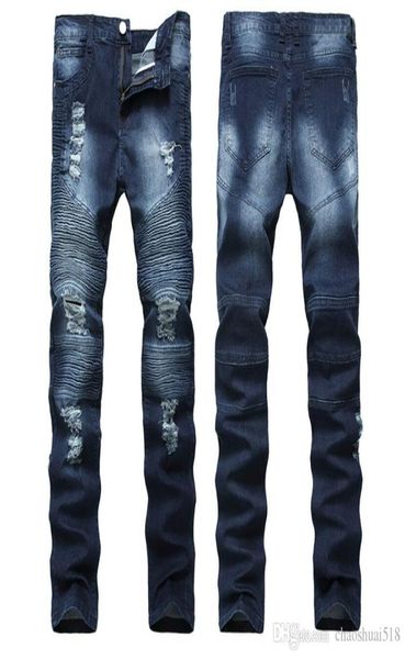 

high street trend hole jeans european and american men039s locomotives wrinkles slim pants biker jeans nostalgia2706647, Blue