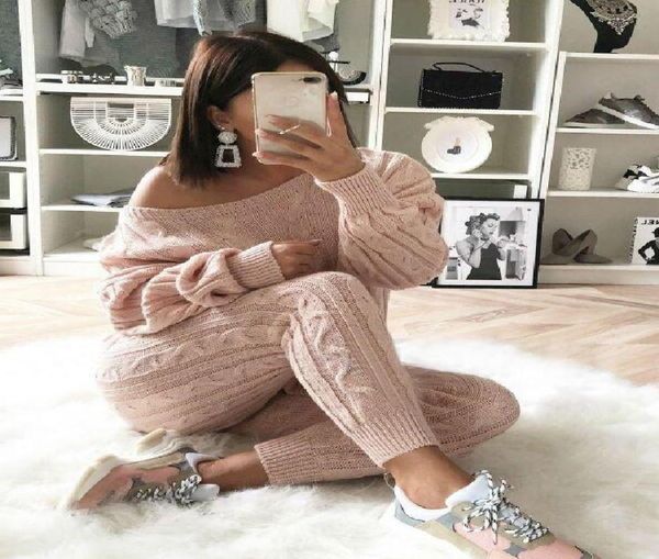 

winter women solid casual knitted sweater two piece set plus size long sleeved trousers 2 piece set womens outfits pullover2449245, Gray