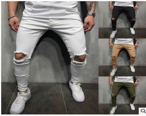 

fashion men039s hole casual pencil pants men drawstring jogger solid leisure male sweatpants9955461, Black