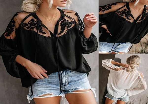 

women039s blouses shirts lace mesh shirt embroidery patchwork women casual long sleeve chiffon blouse ladies loose 1725519, White